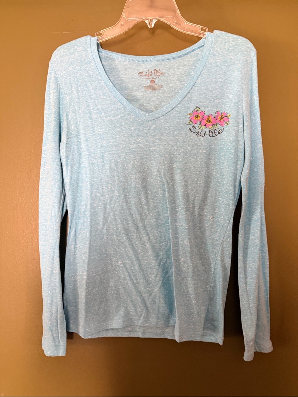 Salt Life Light Blue V-Neck Long Sleeve Top with Pink Floral Chest Graphic